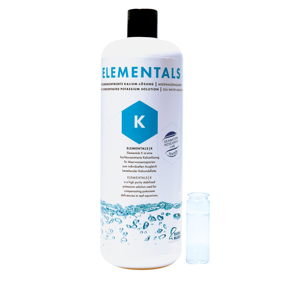 Das Bild zeigt eine weiße Flasche des Produkts „ELEMENTALS K“ von der Marke Fauna Marin, einer hochkonzentrierten Kaliumlösung für Meerwasseraquarien. Die Flasche hat ein Fassungsvermögen von 1000 ml und ist für die gezielte Kaliumversorgung in Riffaquari