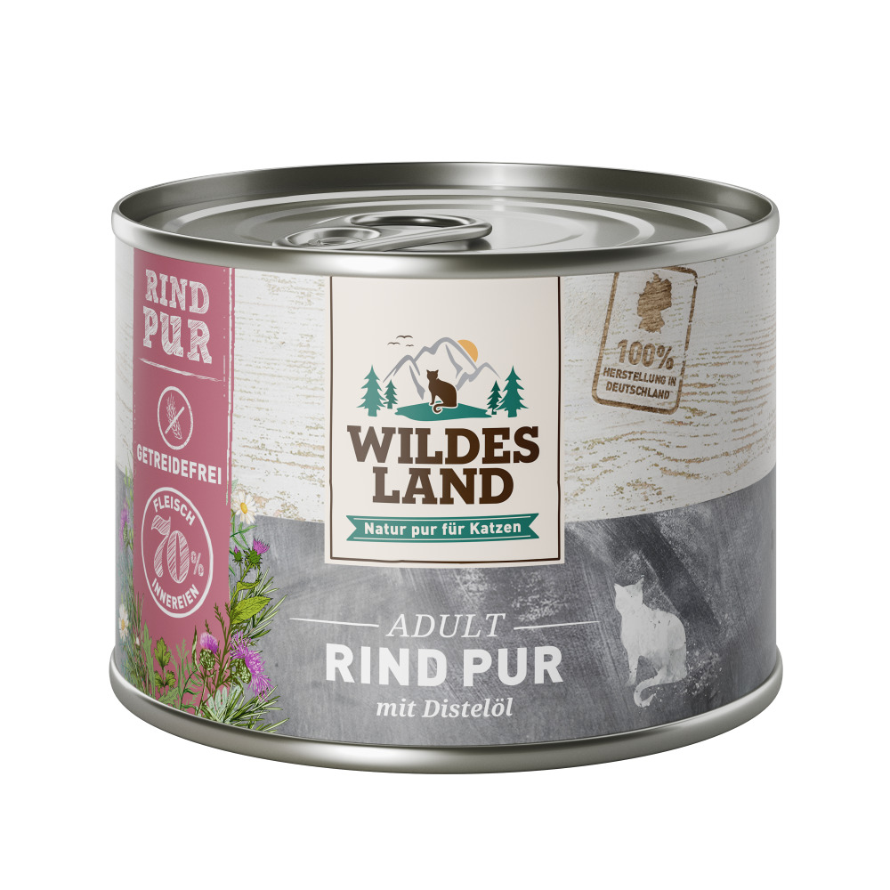 Wildes Land Katzenfutter Rind Pur, Adult, getreidefrei, 70 % Fleisch, mit Distelöl, 100 % Herstellung in Deutschland.