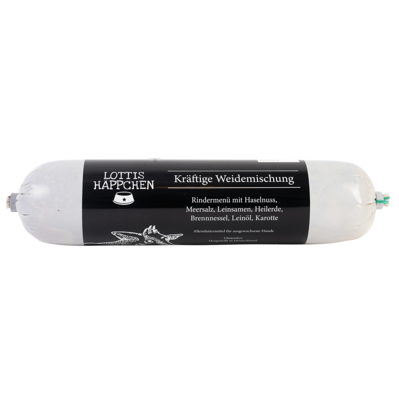 Lottis Häppchen Kräftige Weidemischung, Alleinfutter f. erw. Hunde, Rind+Haselnuss, 125g, mit Meersalz, Leinsamen, Heilerde, Karotte.