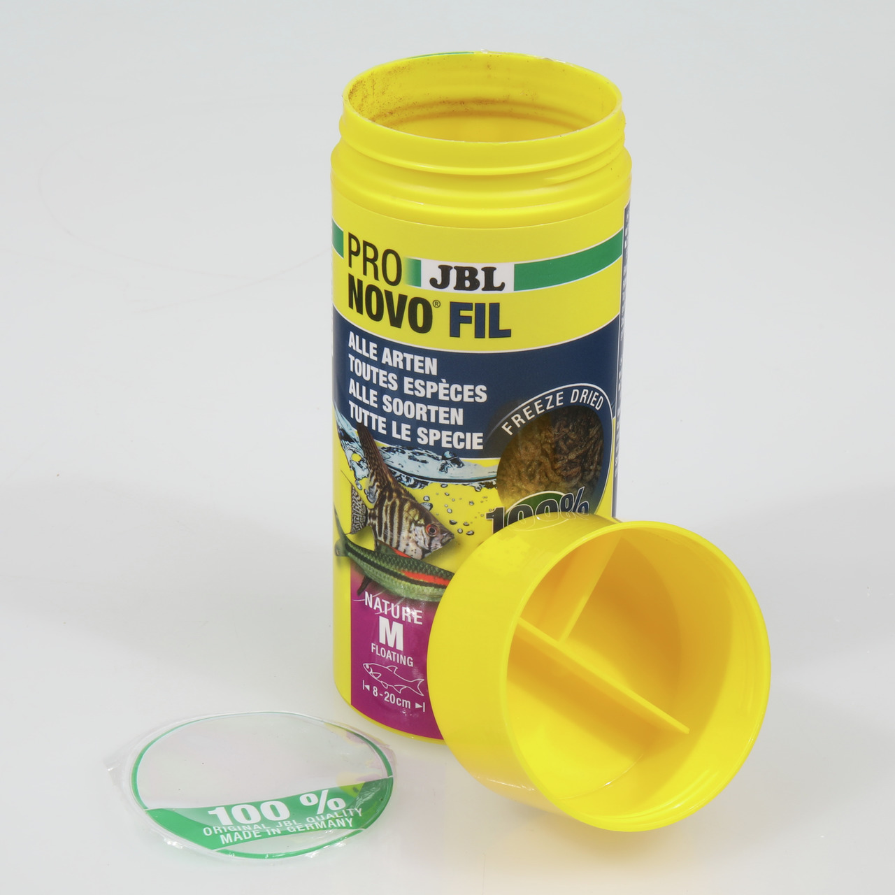 JBL ProNovo Fil Nature M, Fischfutter für Aquarienfische (8-20 cm), gefriergetrocknet, 100 % Made in Germany, gelbe Dose.
