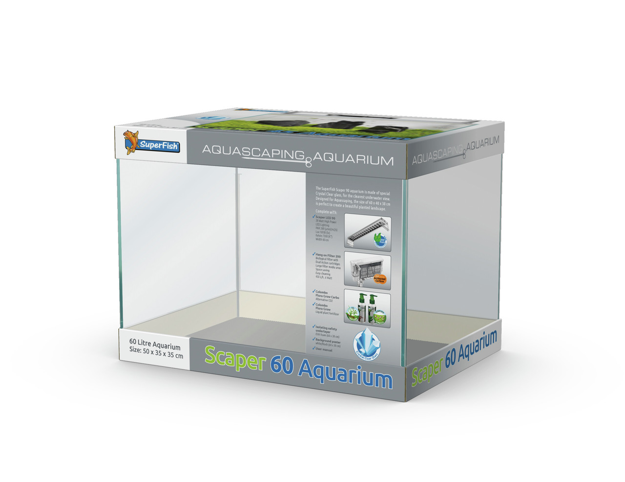 Superfish Scaper 60 Aquarium, 60L, 50x35x35cm, kristallkl. Glas, inkl. LED & Filter, ideal f. Süßwasser-Aquascaping-Enthusiasten.