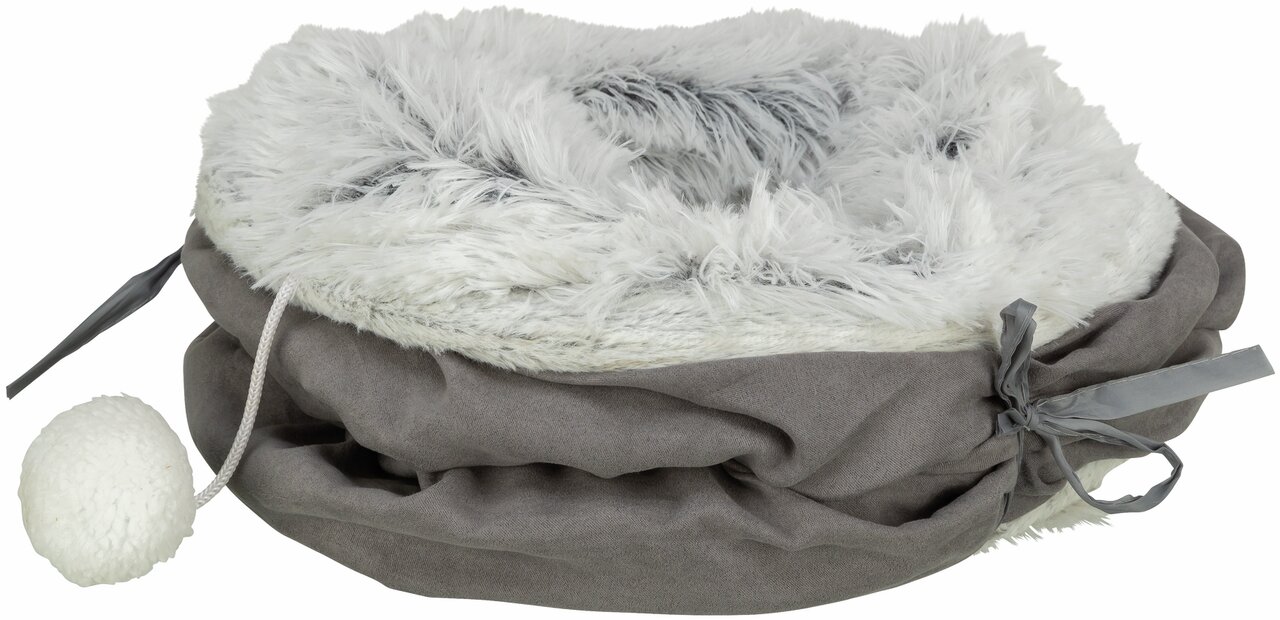 Weiches TRIXIE Kuschelbett für Katzen, grau-weiß, mit Plüschrand und Spielball, ideal für gemütliche Ruhepausen.