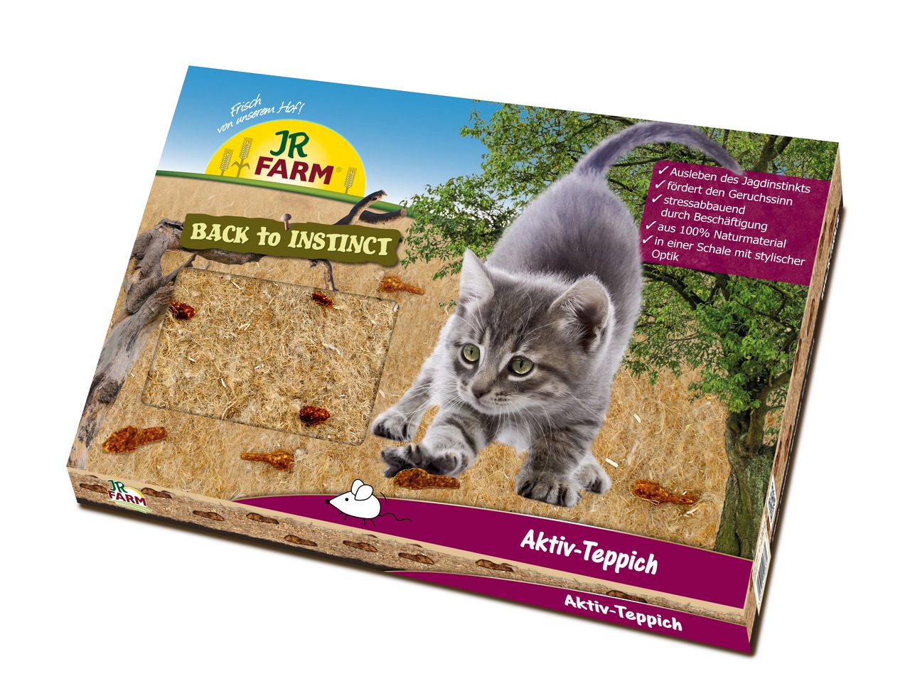 Das Bild zeigt das Produkt "JR FARM Aktiv-Teppich" aus der Serie "Back to Instinct". Es ist speziell für Katzen entwickelt und besteht aus 100 % Naturmaterial. Der Teppich fördert den Jagdinstinkt, den Geruchssinn und wirkt stressabbauend durch Beschäftig