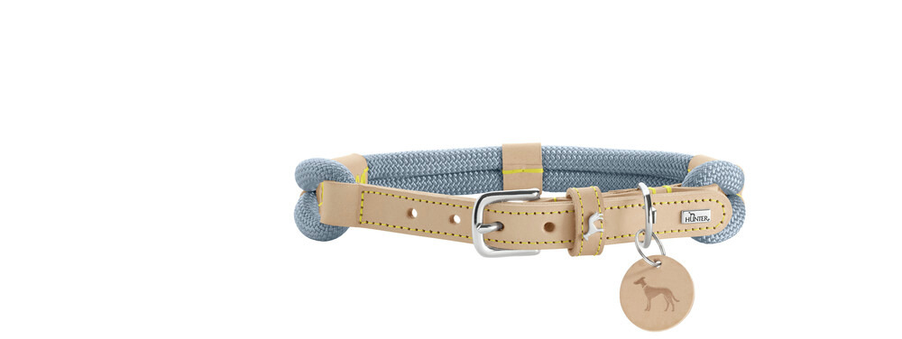 HUNTER Hundehalsband "Modern Art Luxus", hellblau/beige, Seil+Leder, silberne Schnalle, mit Anhänger, Komfort+Stil.