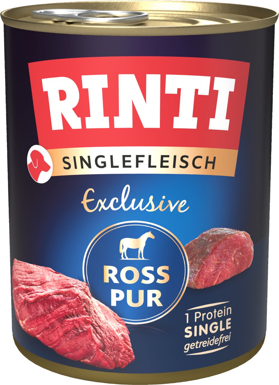 RINTI Singlefleisch Ross Pur, Hundefutter mit Pferd, getreidefrei, 1 Protein, 400g Dose, ideal für ernährungssensible Hunde.