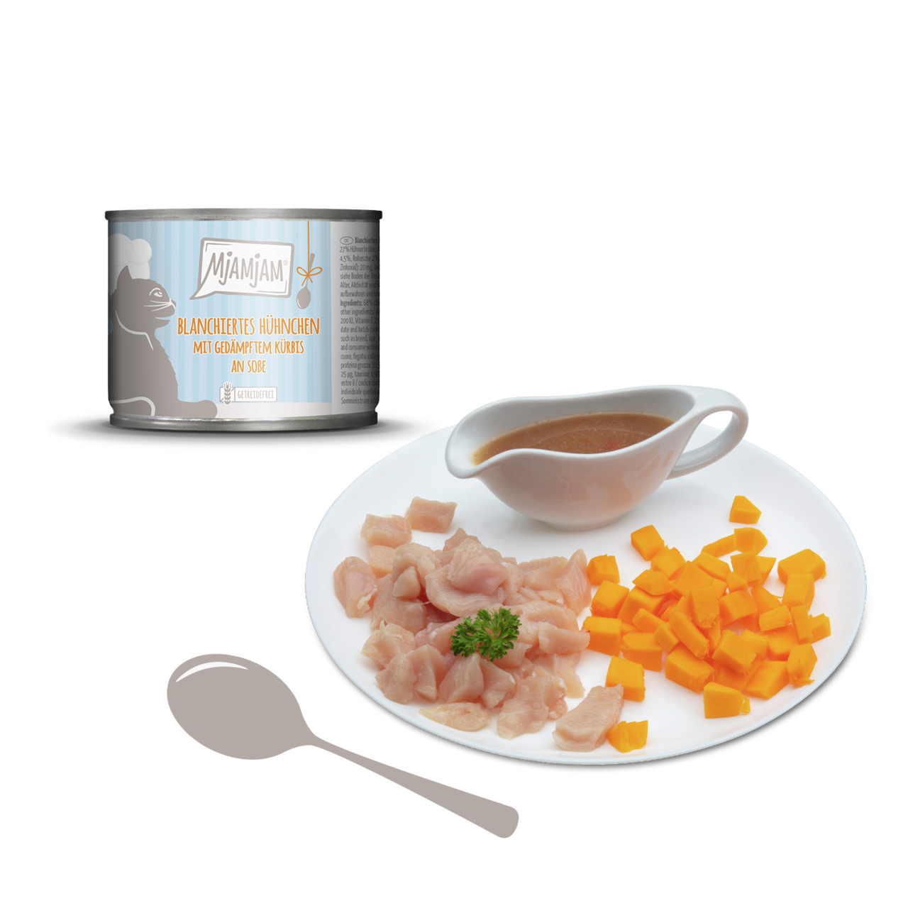 MJAMJAM Katzenfutter, „Blanchiertes Hühnchen mit Kürbis an Soße“, für Katzen, 400 g.