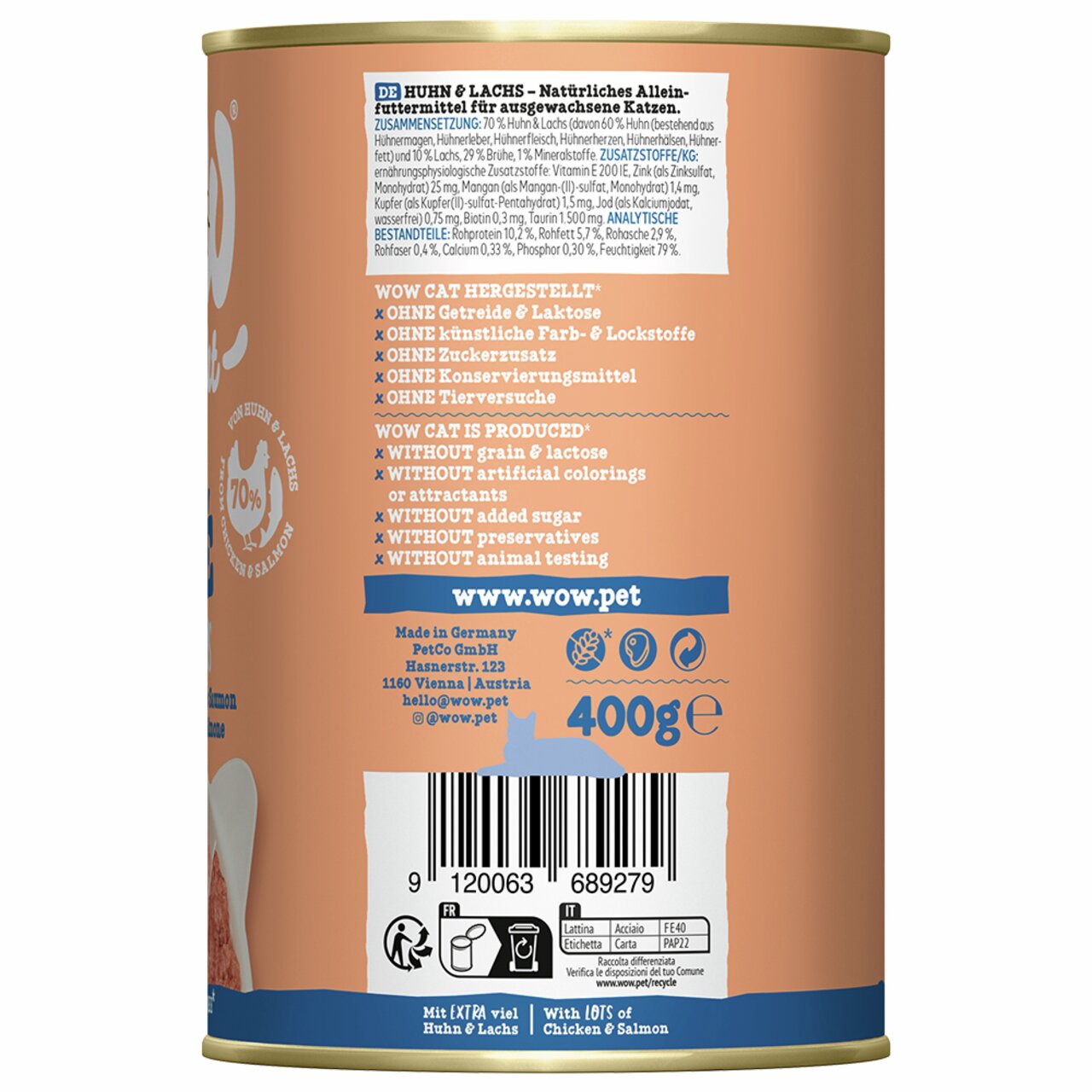 WOW CAT Huhn & Lachs Nassfutter, für erwachsene Katzen, ohne Getreide, 400 g Dose. Mit extra viel Huhn und Lachs, Made in Germany.