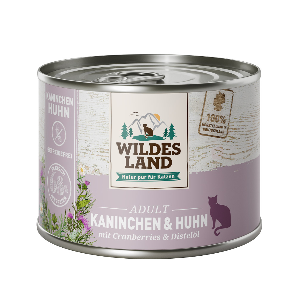Wildes Land Katzenfutter Adult, Kaninchen & Huhn, mit Cranberries & Distelöl, getreidefrei, 68 % Fleisch, hergestellt in Deutschland.
