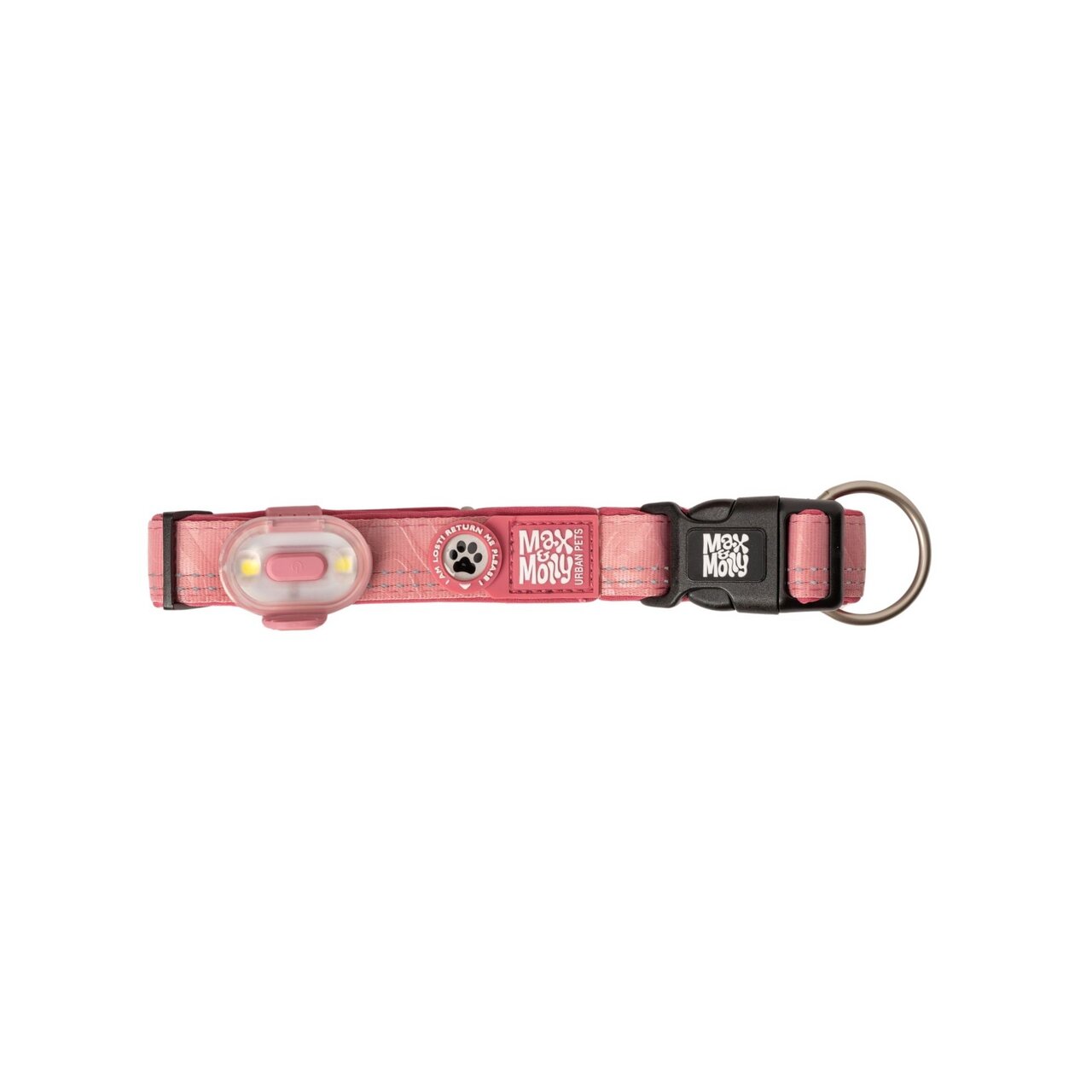 Rosa Hundehalsband Max & Molly, für Hunde, mit LED-Licht, Markenlogo, Pfotenmotiv, stabiler Verschluss, Metallring, gute Sichtbarkeit.