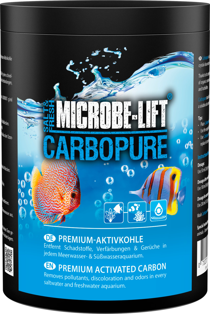 Das Bild zeigt eine schwarze Dose des Produkts „MICROBE-LIFT Carbopure“, einer Premium-Aktivkohle für Aquarien. Die Zielgruppe sind Besitzer von Meer- und Süßwasseraquarien. Das Produkt entfernt Schadstoffe, Verfärbungen und Gerüche. Auf der Verpackung si