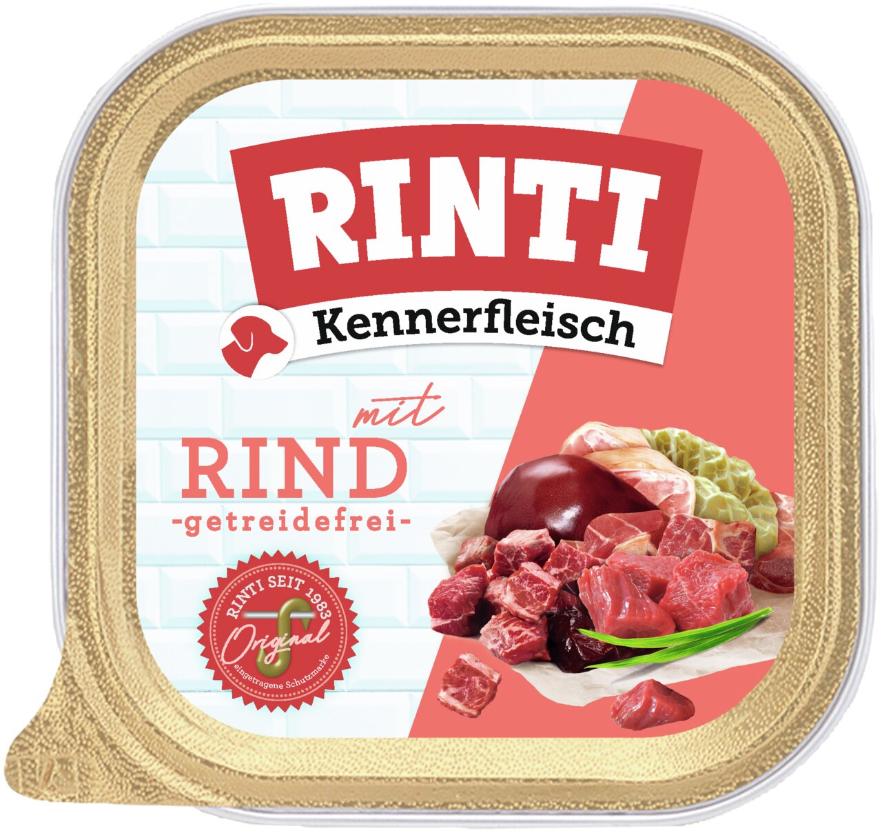 RINTI Kennerfleisch mit Rind, getreidefrei, für Hunde, 300 g, enthält frisches Fleisch, ohne künstliche Zusätze.