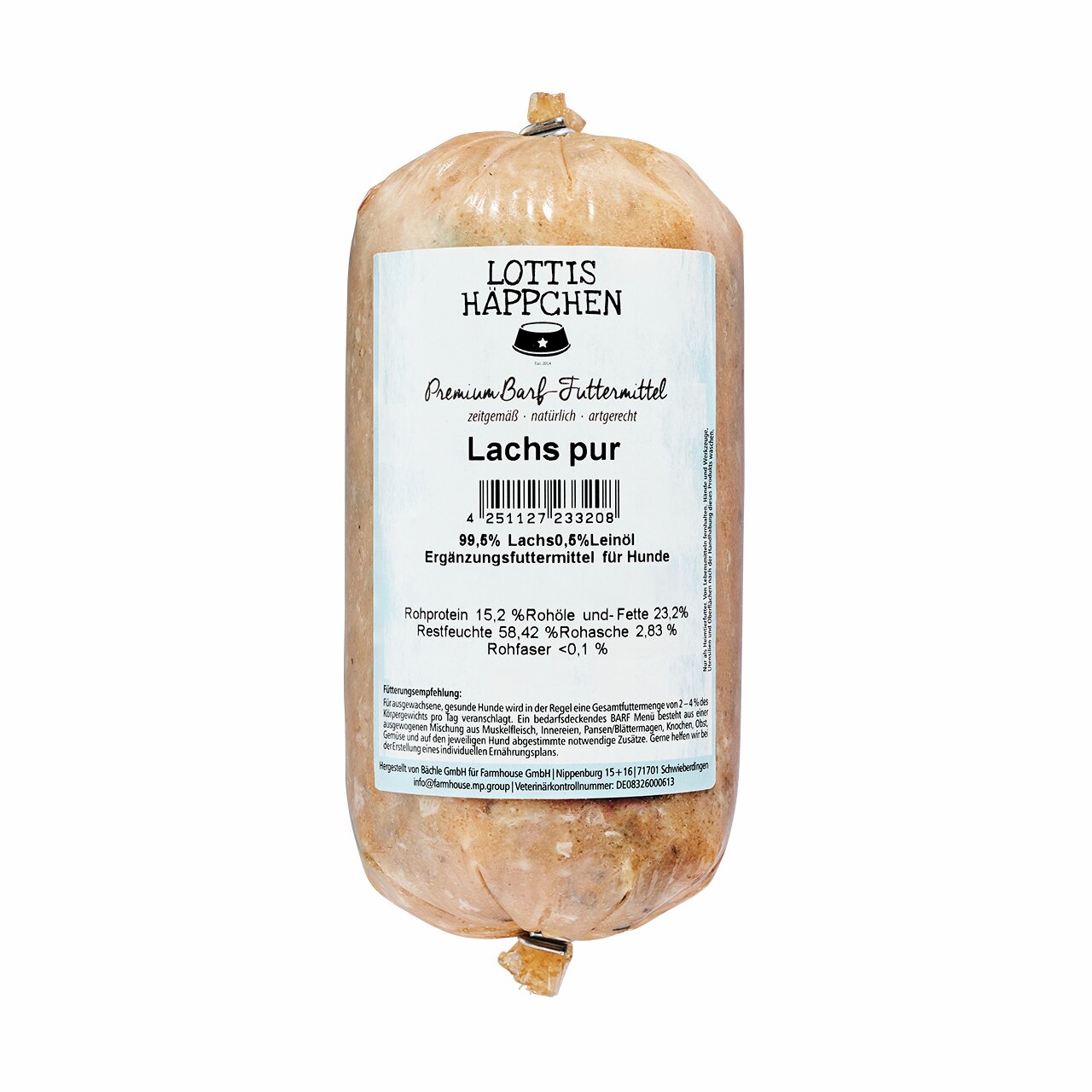 Lottis Häppchen Lachs pur, Premium-Barf für Hunde, 99,6 % Lachs, 0,6 % Leinöl, 500 g, artgerecht, natürlich, zeitgemäß.