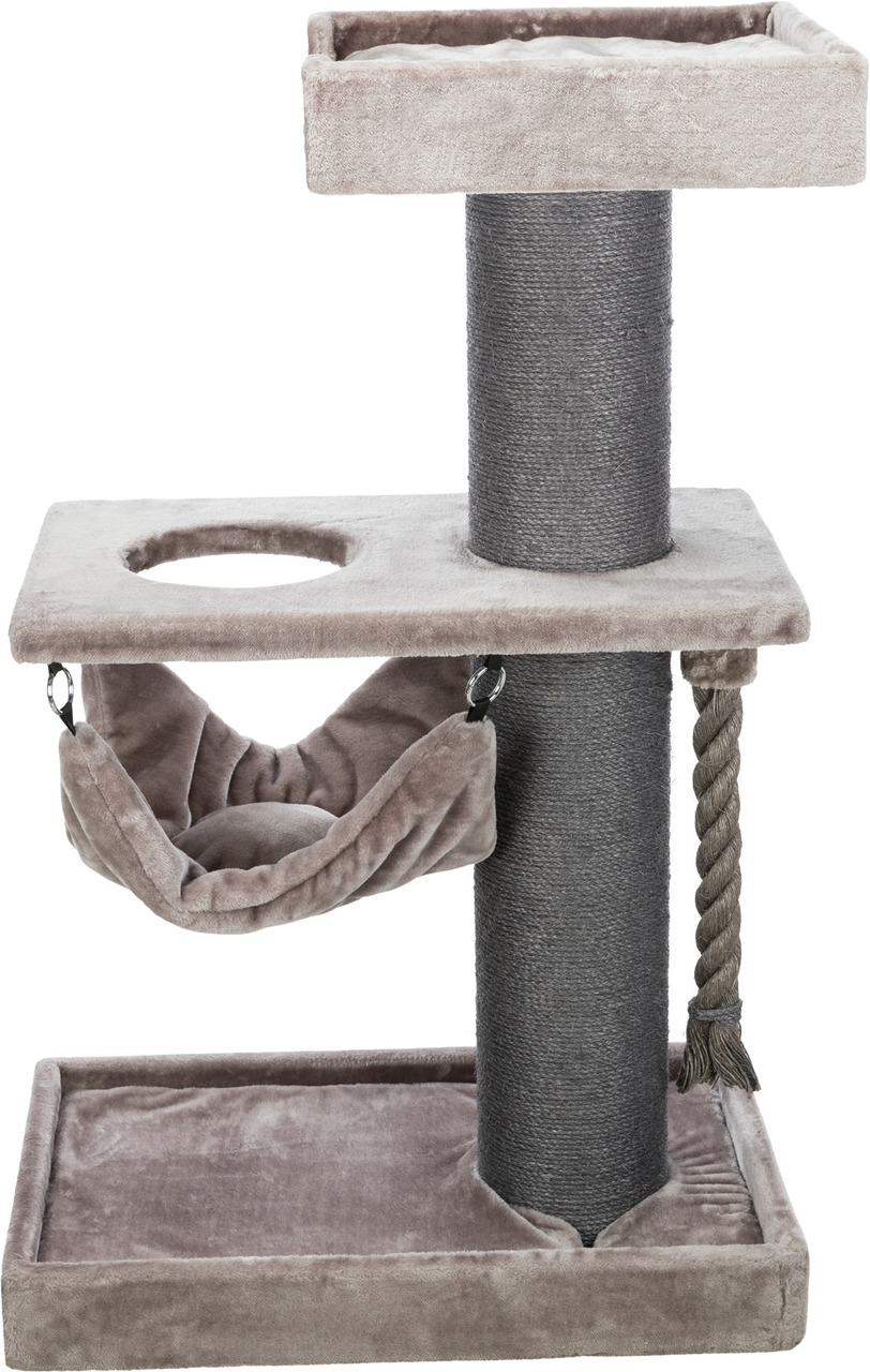 Kratzbaum von TRIXIE für Katzen, Modell mit der EAN 4047974447031. Geeignet für Katzen aller Größen. Ausgestattet mit einer Hängematte, einer Liegefläche und einer robusten Sisal-Säule zum Kratzen. Farbe: Beige und Grau. Ideal zur Beschäftigung und Entspa
