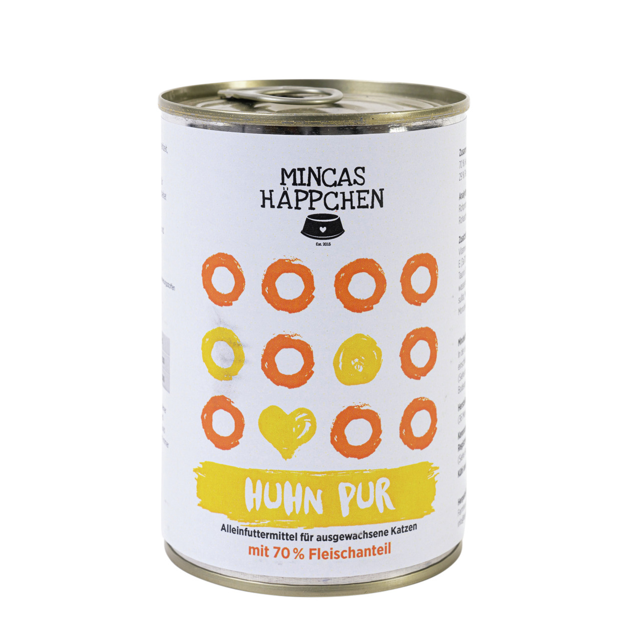 Mincas Häppchen Katzenfutter Huhn Pur, Alleinfutter f. ausgew. Katzen, 70 % Fleisch, 1 Dose, modernes Design m. gelbem Herz.