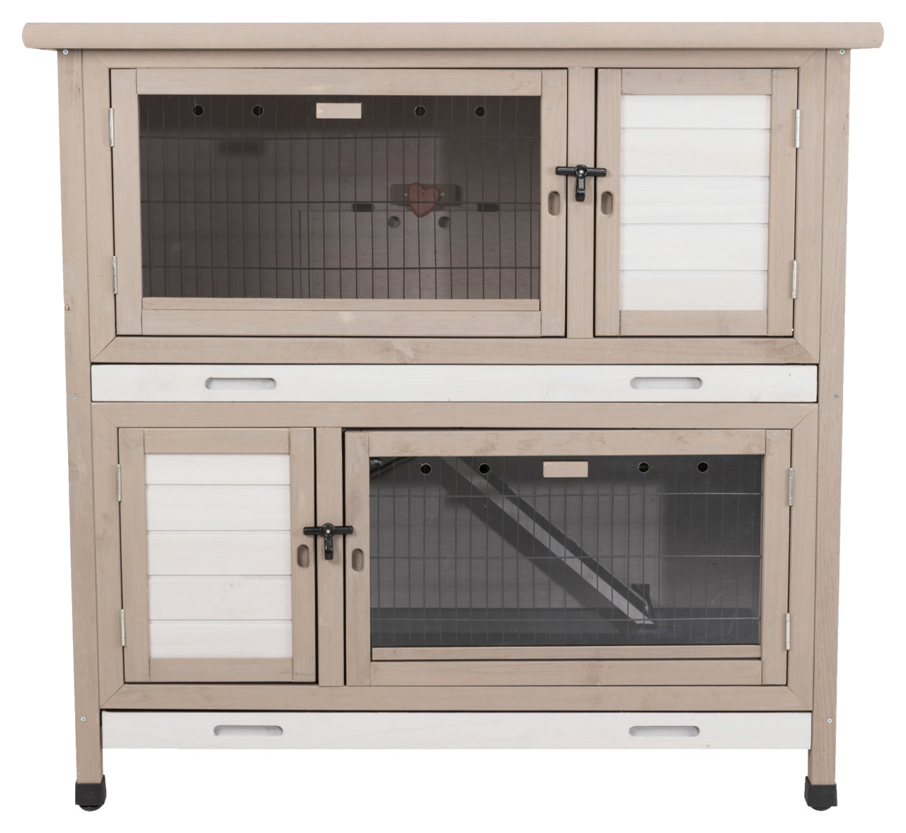 Das Bild zeigt den TRIXIE Kleintierstall Natura, ein hochwertiger Stall für Kaninchen und andere Kleintiere. Der Stall ist zweistöckig, aus wetterfestem Holz gefertigt und verfügt über Gittertüren für optimale Belüftung. Geeignet für Kleintiere, bietet er