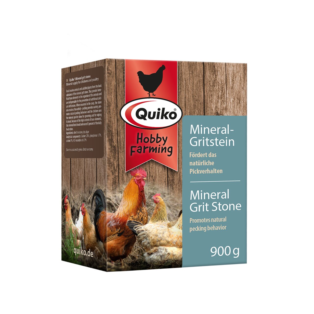Das Bild zeigt die Verpackung des Produkts „Quiko Hobby Farming Mineral-Gritstein“ für Hühner und Geflügel. Der Mineralstein fördert das natürliche Pickverhalten und unterstützt die Gesundheit der Tiere. Die Verpackung enthält 900 g und zeigt Hühner vor e