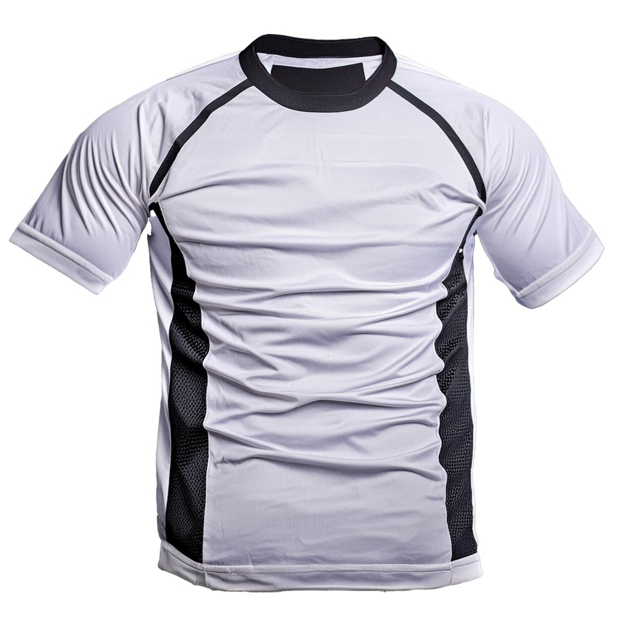 Weißes Kurzarm-Sportshirt mit schwarzem Rundhalsausschnitt, Raglanärmeln und schwarzen seitlichen Mesh-Einsätzen.