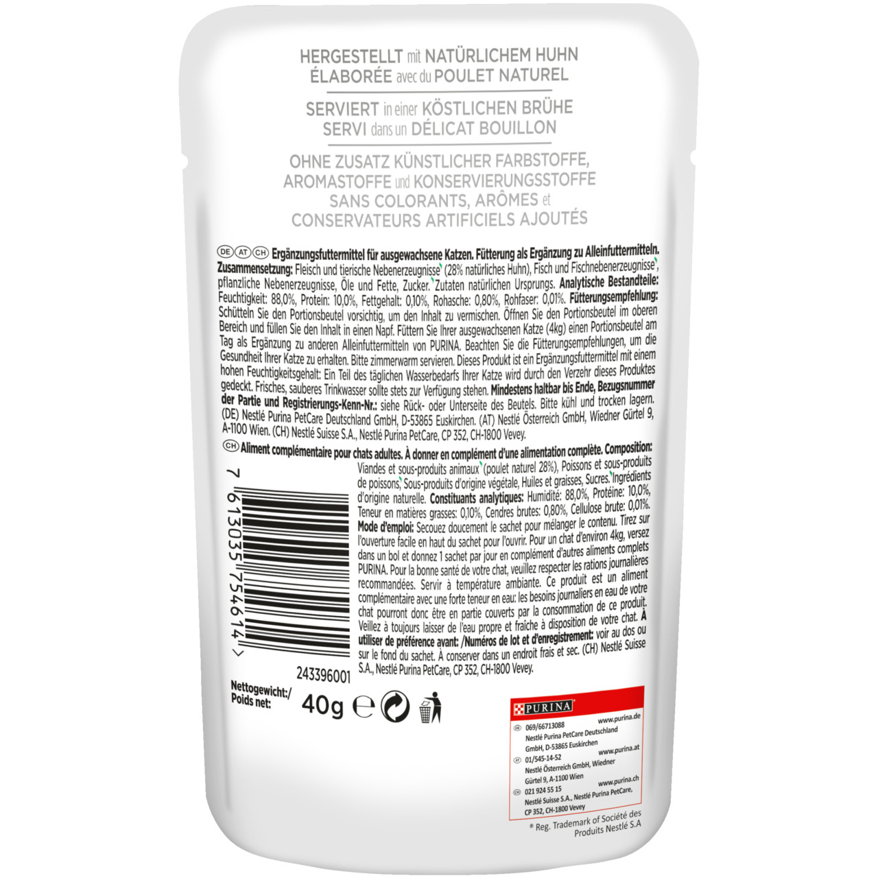 GOURMET Perle von Purina, Katzenfutter für ausgewachsene Katzen, Huhn in Brühe, 40 g, ohne künstl. Farb-, Aroma- o. Konservierungsstoffe.