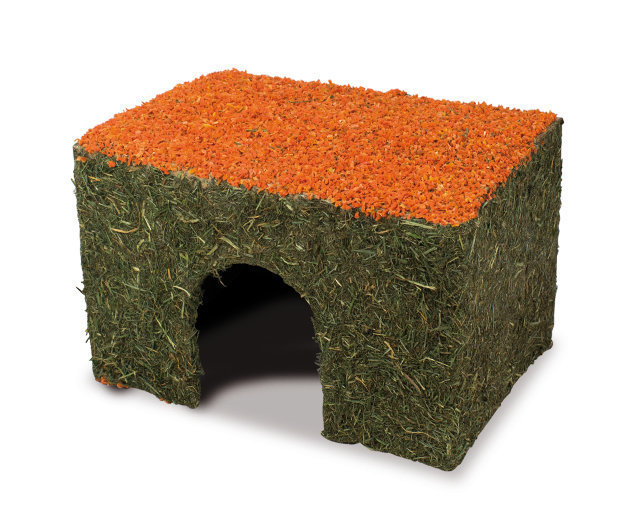 JR FARM Nagerhaus „Heu-Haus Karotte“ für Kaninchen-Meerschweinchen, essbar, Heu+Karotten, Rückzugsort+Knabberspaß.