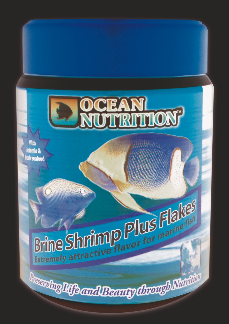 Ocean Nutrition Brine Shrimp Plus Flakes, Futter f. Meerwasserfische, mit Artemia & Meeresfrüchten, schmackhaft, blaue Dose.