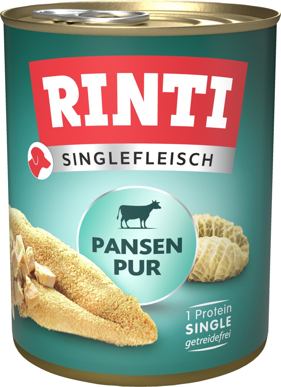 RINTI Singlefleisch Pansen Pur, Hundefutter, Geschmacksrichtung Pansen, getreidefrei, 1 Protein, 400 g Dose.