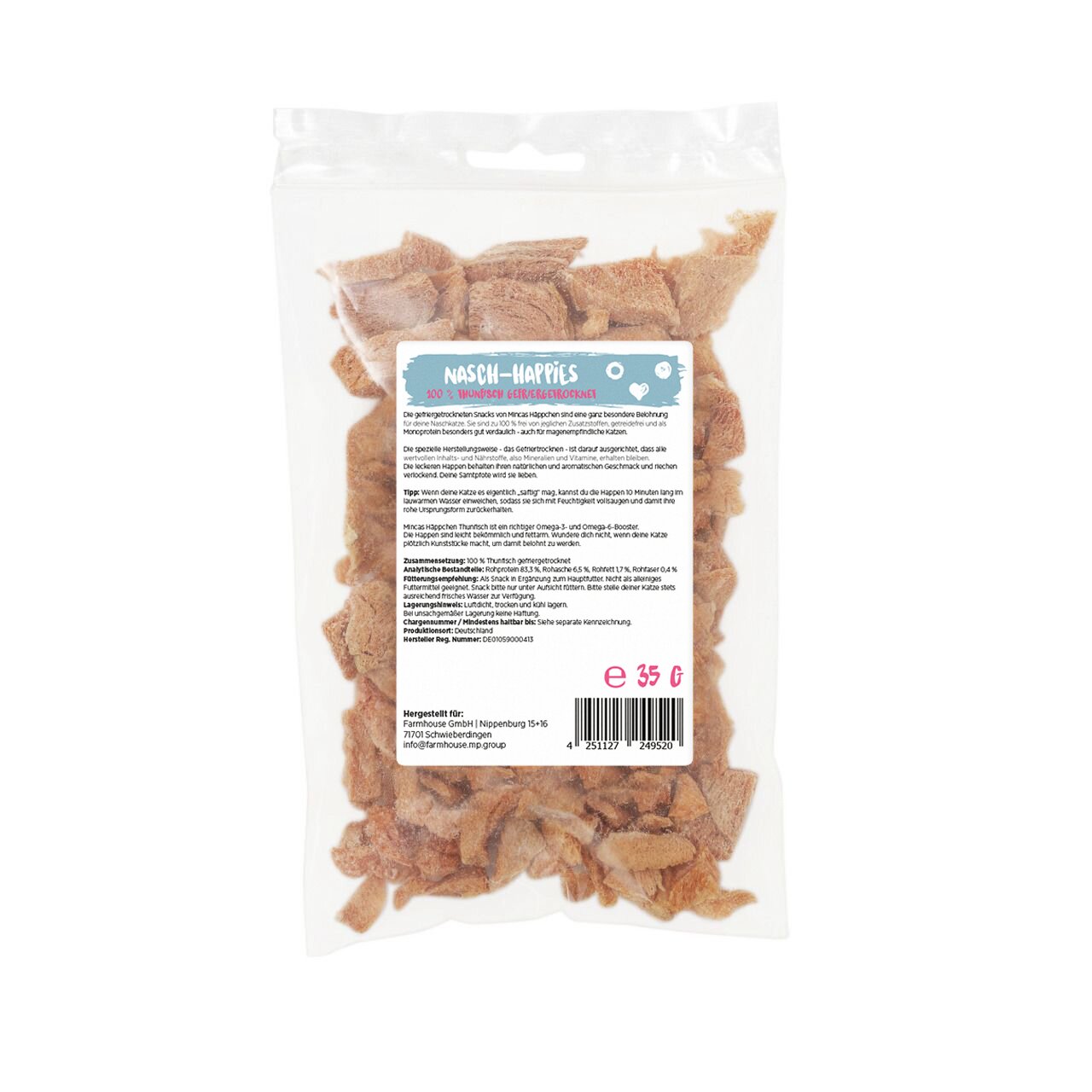 Das Bild zeigt eine transparente Verpackung mit der Aufschrift „Nasch-Happies – 100 % Truthahn (getrocknet)“. Es handelt sich um einen Snack für Hunde der Marke „Mincas Häppchen“. Die Zielgruppe sind Hunde, die Geschmacksrichtung ist Truthahn. Die Packung