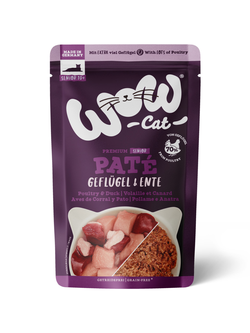 WOW CAT Premium Senior Paté Geflügel & Ente, ab 10 J., 70 % Fleisch, getreidefrei, für ältere Katzen, Hergestellt in Deutschland.