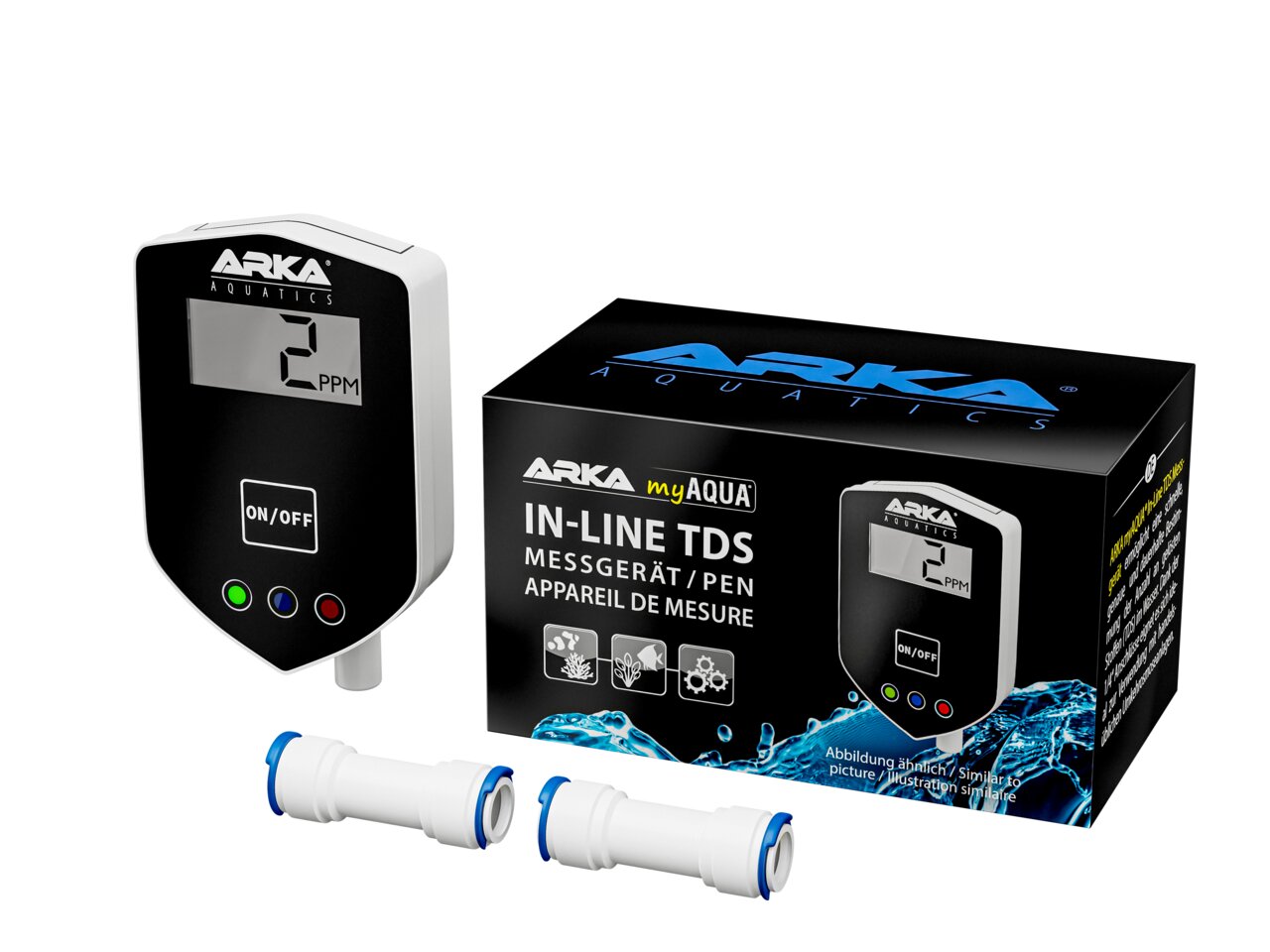 ARKA myAQUA In-Line TDS Messgerät-Pen für Aquaristik, digitales Wasserprüfgerät mit Display und Anschlussstücken.