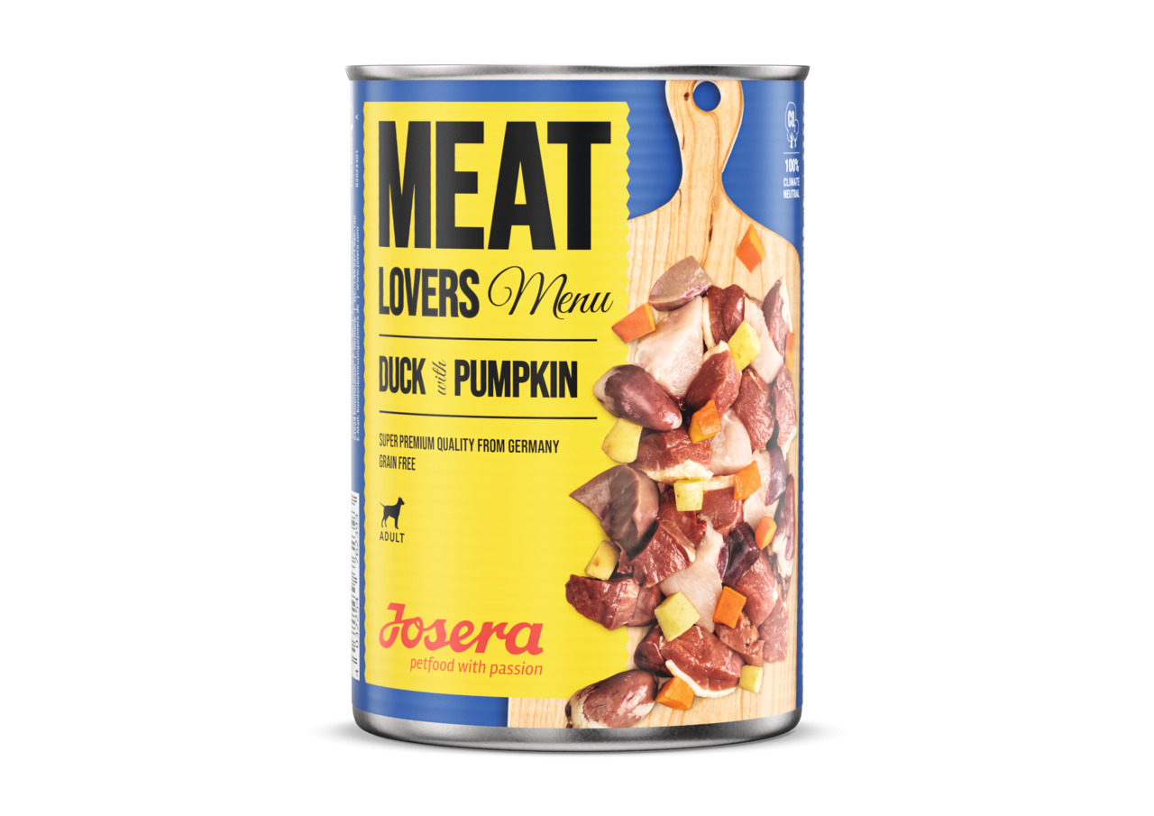 Josera Meat Lovers Menu, Hundefutter für erw. Hunde, Ente & Kürbis, getreidefrei, aus Deutschland, 400 g.