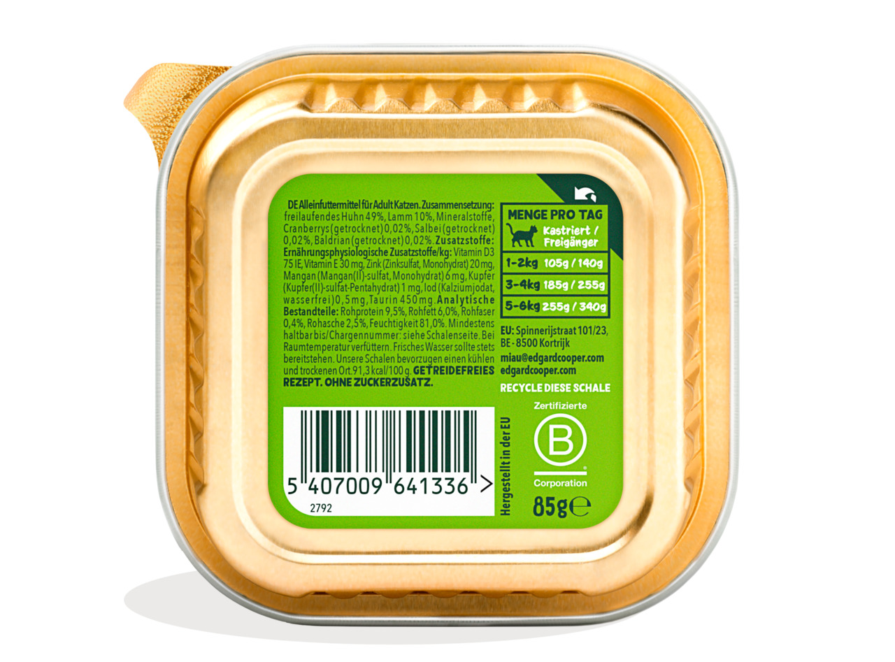 Edgard & Cooper 85g, Alleinfutter für kastrierte-freilaufende Katzen, Huhn & Lamm mit Kräutern (Baldrian, Cranberry), recycelbar.