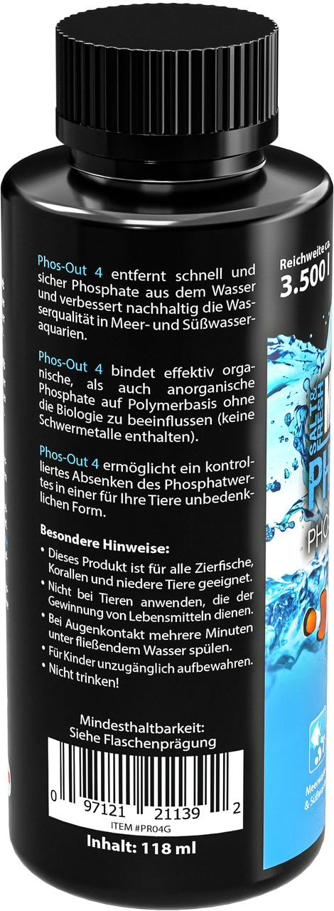 Das Bild zeigt eine schwarze Flasche des Produkts „MICROBE-LIFT Phos-Out 4“ mit einem Inhalt von 118 ml. Es handelt sich um ein Wasserpflegemittel für Meer- und Süßwasseraquarien, das Phosphate entfernt und die Wasserqualität verbessert. Zielgruppe sind A