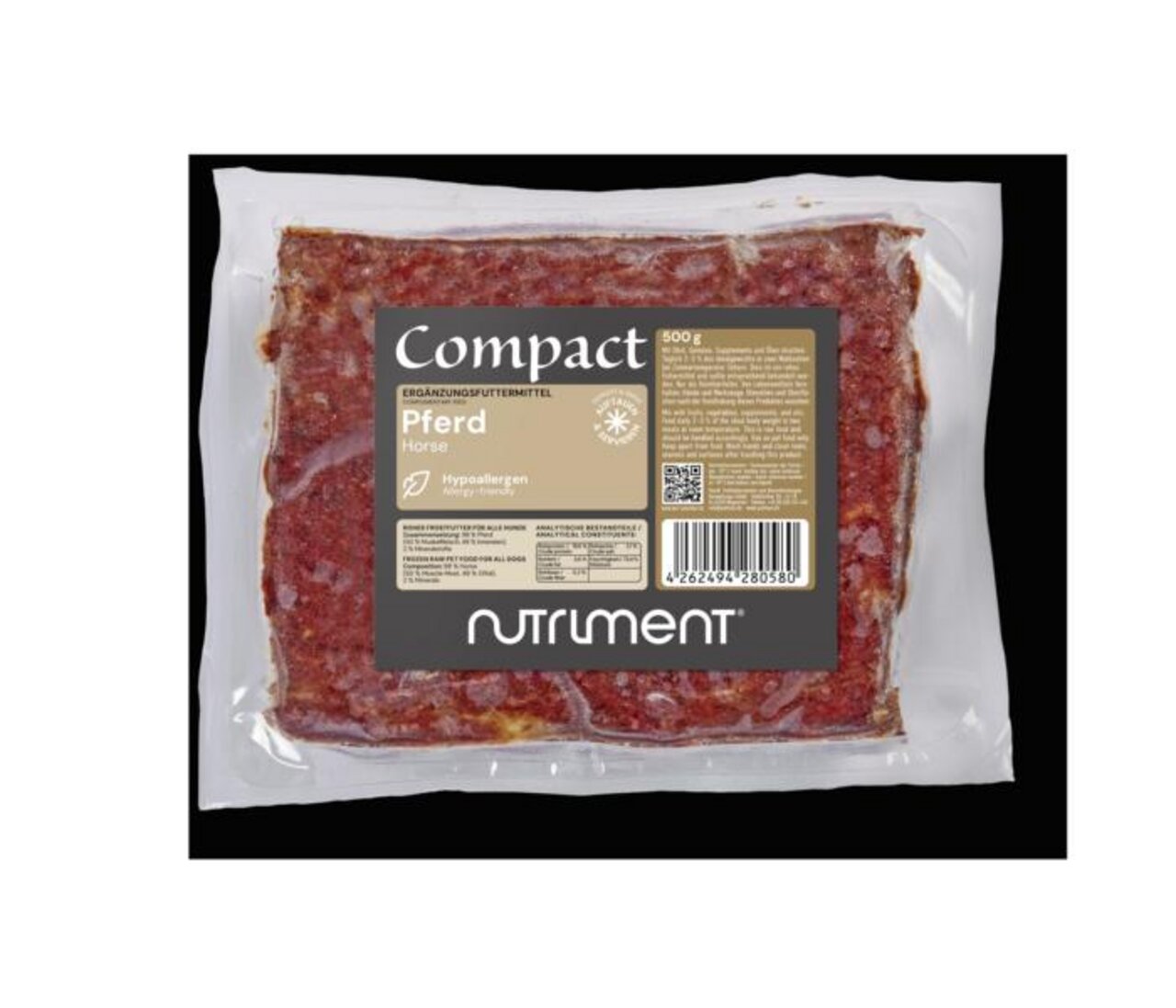 Nutriment Compact Pferd, hypoallergen, 500 g, für Hunde, ideal bei Allergien-Unverträglichkeiten, gefr. Ergänzungsfuttermittel.