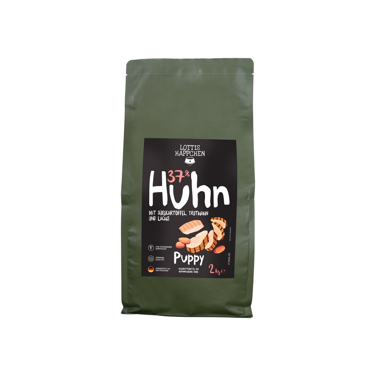 Hundefutter „Lottis Häppchen Puppy“ mit 37 % Huhn, Süßkartoffel, Truthahn, Lachs, für Welpen, 2 kg im grünen Beutel.