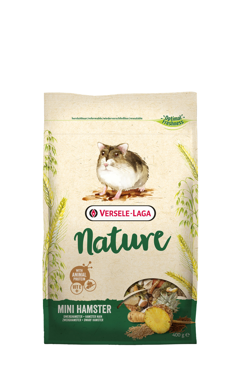 Versele-Laga Nature Mini Hamster, Premium-Futter f. Zwerghamster, mit Obst & Gemüse, tier. Protein, Vitamine, 400 g.