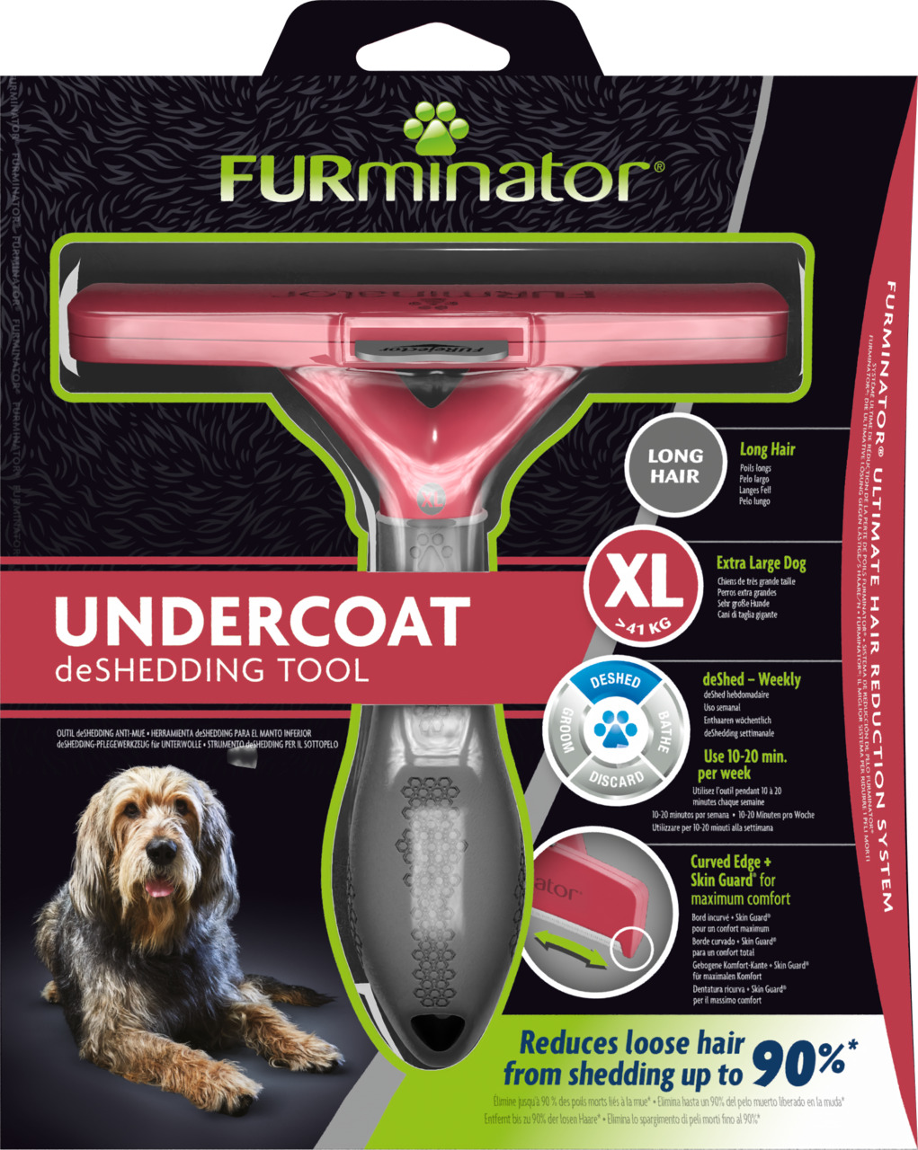 FURminator Undercoat deShedding Tool, Hunde >41 kg, langes Fell, Größe XL, reduziert lose Haare um 90 %, gebogene Kante, Skin Guard.
