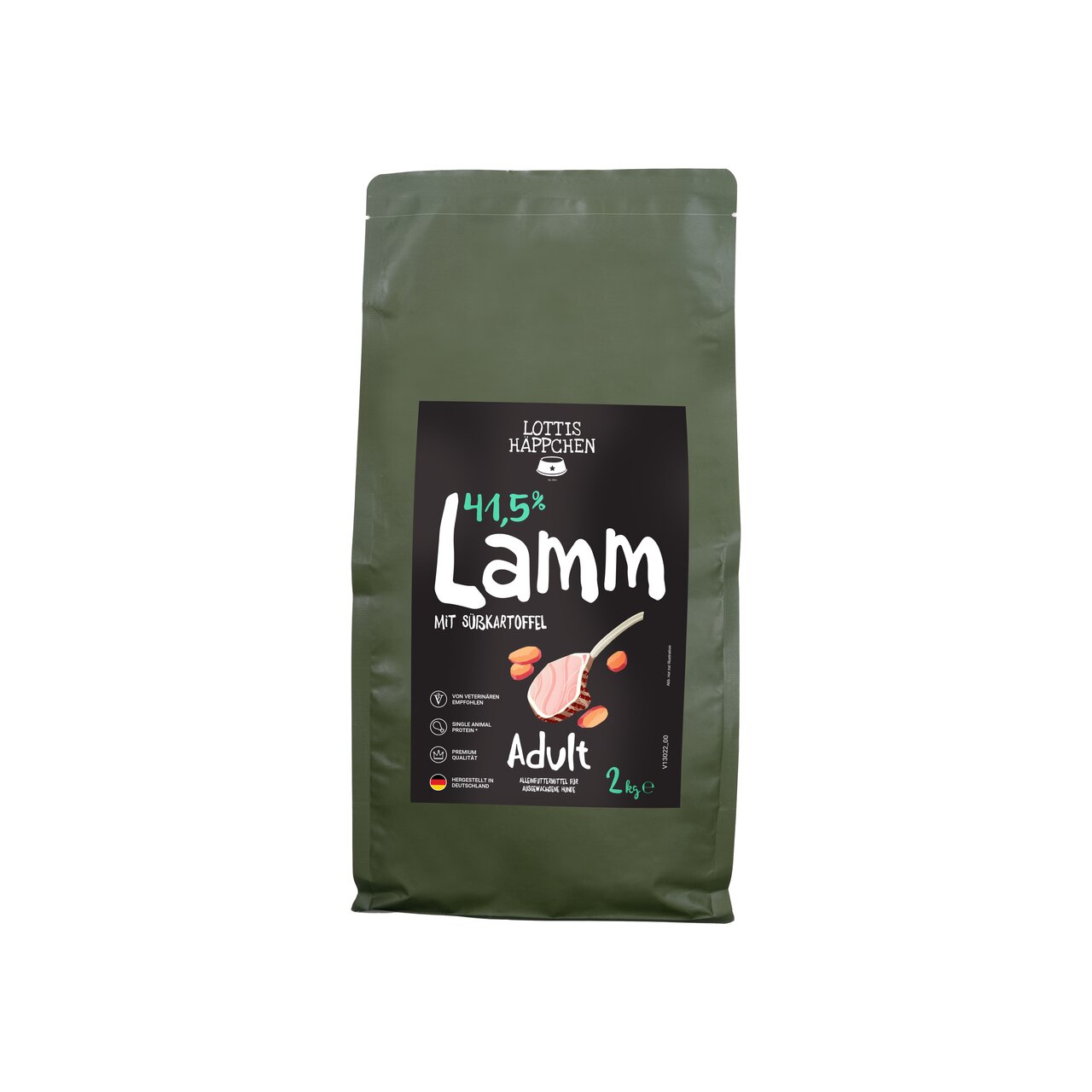 Hundefutter „Lottis Häppchen Lamm mit Süßkartoffel“ für Erwachsene, 41,5 % Lamm, 2 kg, getreidefrei, ausgewogene Rezeptur.