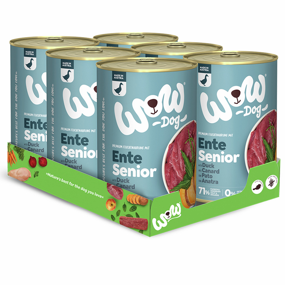 Das Bild zeigt eine Verpackungseinheit mit sechs Dosen des Hundefutters „WOW DOG Ente Senior“. Dieses Premium-Feuchtfutter ist speziell für ältere Hunde entwickelt. Die Geschmacksrichtung ist Ente, und die Verpackung hebt hervor, dass das Produkt zu 71 % 