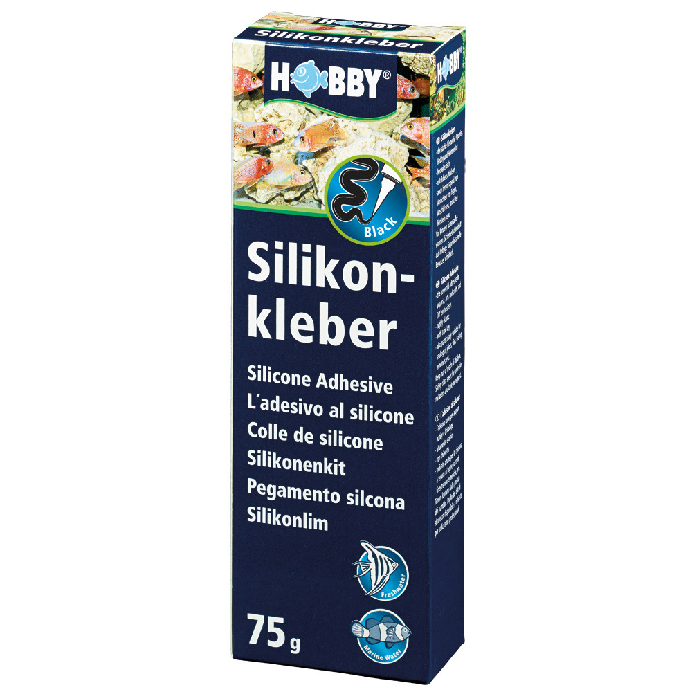HOBBY Silikonklebber, 75 g, für Aquarien (Süß-/Meerwasser), dunkelblaue Verpackung mit Fischen, Zielgruppe: Aquaristik.