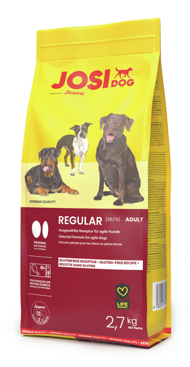 Josera JosiDog Regular, glutenfreies Trockenfutter für ausgewachsene, agile Hunde, 2,7 kg, mit Bild von 3 Hunden.