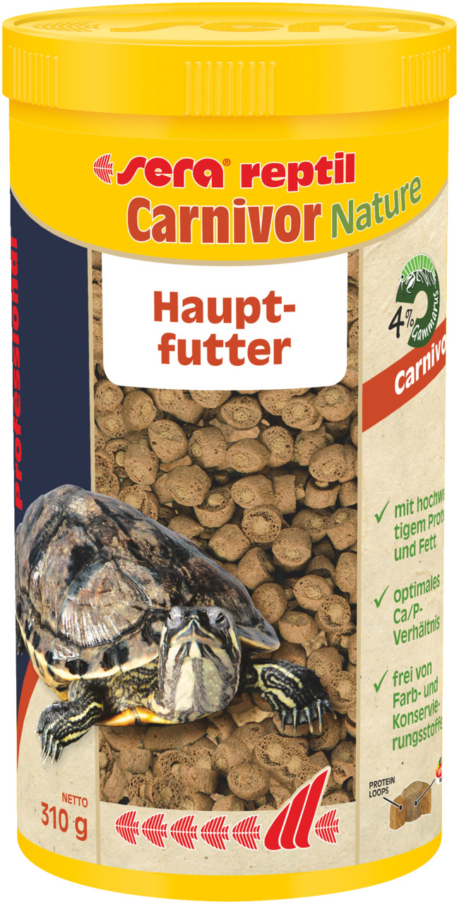 sera reptil Carnivor Nature, Hauptfutter für fleischfressende Reptilien (z. B. Wasserschildkröten), 310 g, reich an Protein, ohne Farb- & Konservierungsstoffe.