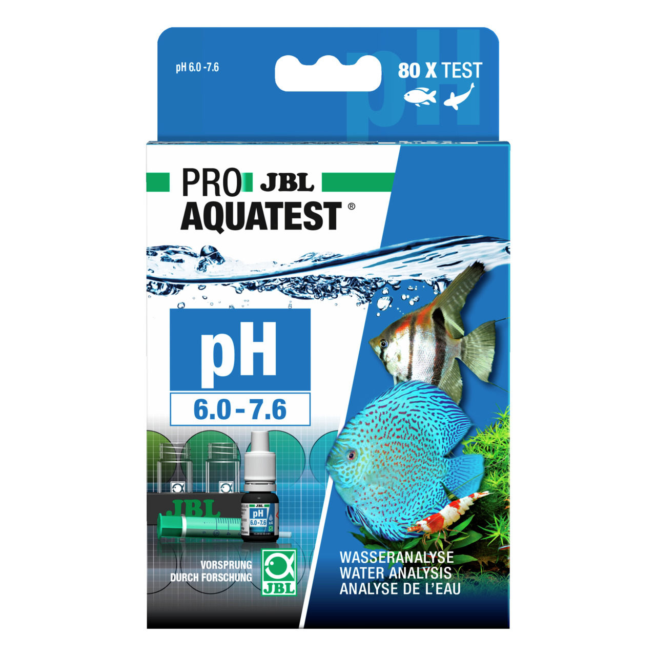 Das Bild zeigt das Produkt "JBL ProAquaTest pH 6.0-7.6", ein Wassertest-Set zur Analyse des pH-Werts in Aquarien. Zielgruppe sind Aquarienbesitzer, die die Wasserqualität überwachen möchten. Die Verpackung enthält 80 Tests und zeigt Fische sowie Pflanzen,