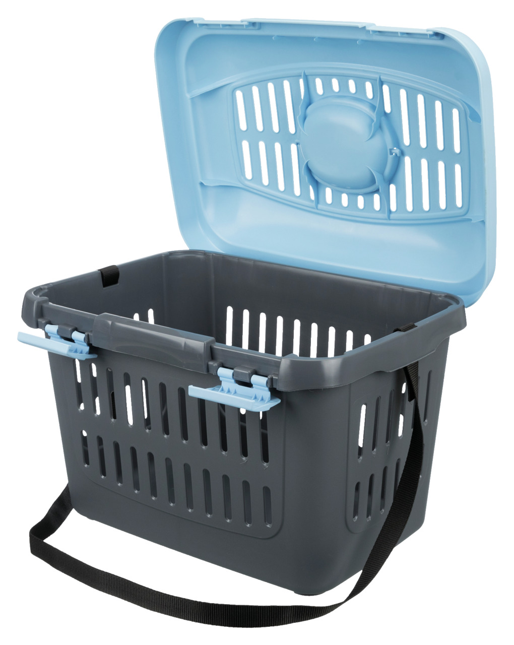TRIXIE Transportbox für Katzen & kl. Hunde, robust, Kunststoff, Grau/Blau, Belüftung, Tragegriff, Schultergurt, sicherer Verschluss.