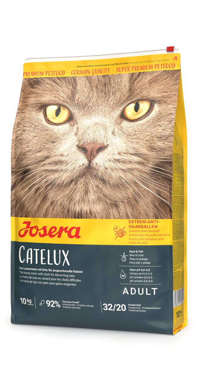 Josera Catelux Katzentrockenfutter für adulte Katzen, mit Ente und Kartoffel, extrem anti-Haarballen, 10 kg.