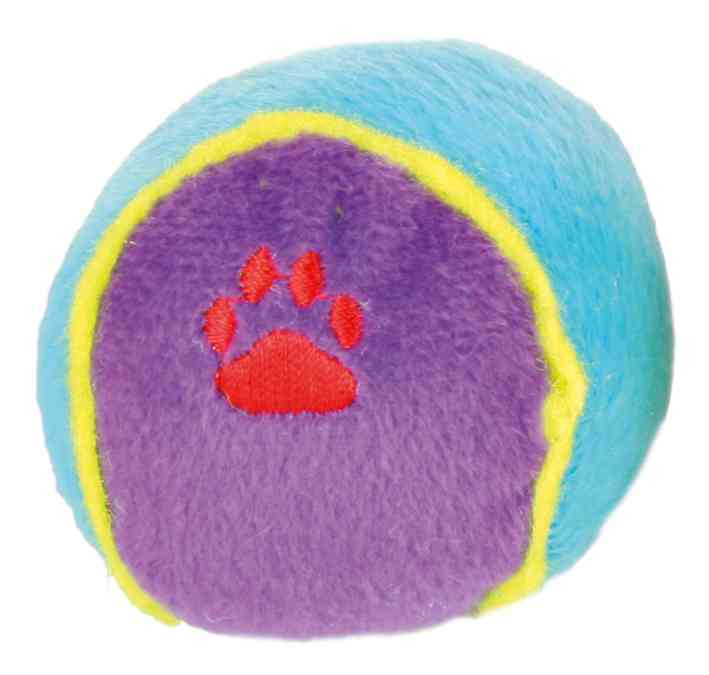 TRIXIE Katzenspielzeug „Plüschball“, weicher bunter Ball mit roter Pfotenstickerei, für Katzen, Farben: Blau-Lila-Gelb.