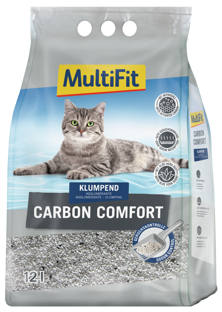 Das Bild zeigt eine Verpackung des Katzenstreus „MultiFit Carbon Comfort“ mit einem Inhalt von 12 Litern. Es handelt sich um klumpendes Streu mit Aktivkohle für effektive Geruchsbindung. Die Zielgruppe sind Katzenhalter. Auf der Verpackung ist eine graue 