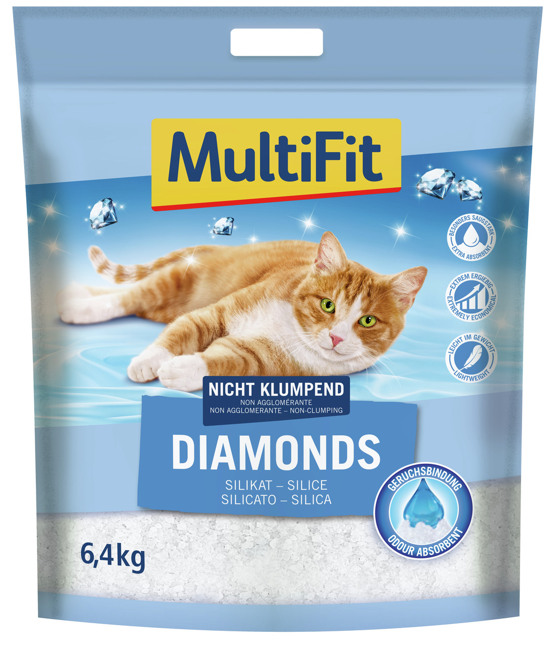 MultiFit Diamonds Katzenstreu, 6,4 kg, Silikat, nicht klumpend, hohe Geruchsbindung, für Katzenhalter.