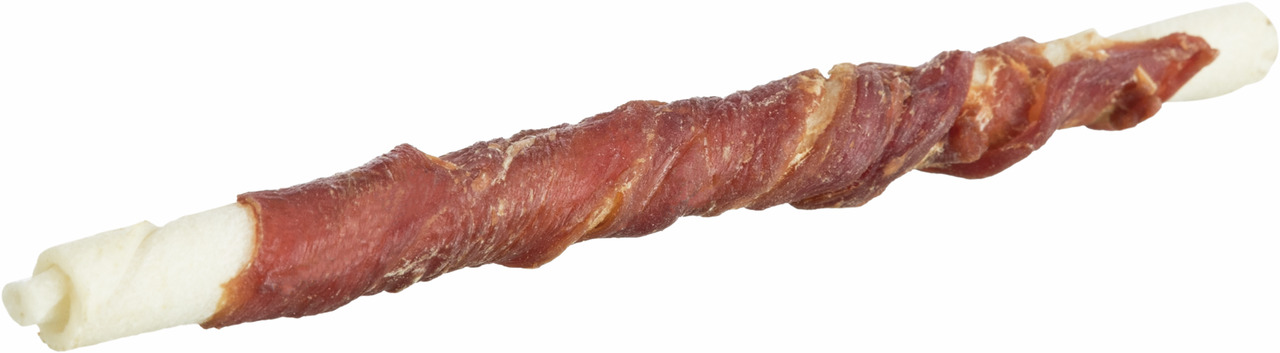Das Bild zeigt einen TRIXIE Kauartikel für Hunde, bestehend aus einem weißen Kauknochen, der mit getrocknetem Hühnerfleisch umwickelt ist. Der Snack ist speziell für Hunde entwickelt und dient als Belohnung oder Beschäftigung. Die Verpackungsmenge ist nic