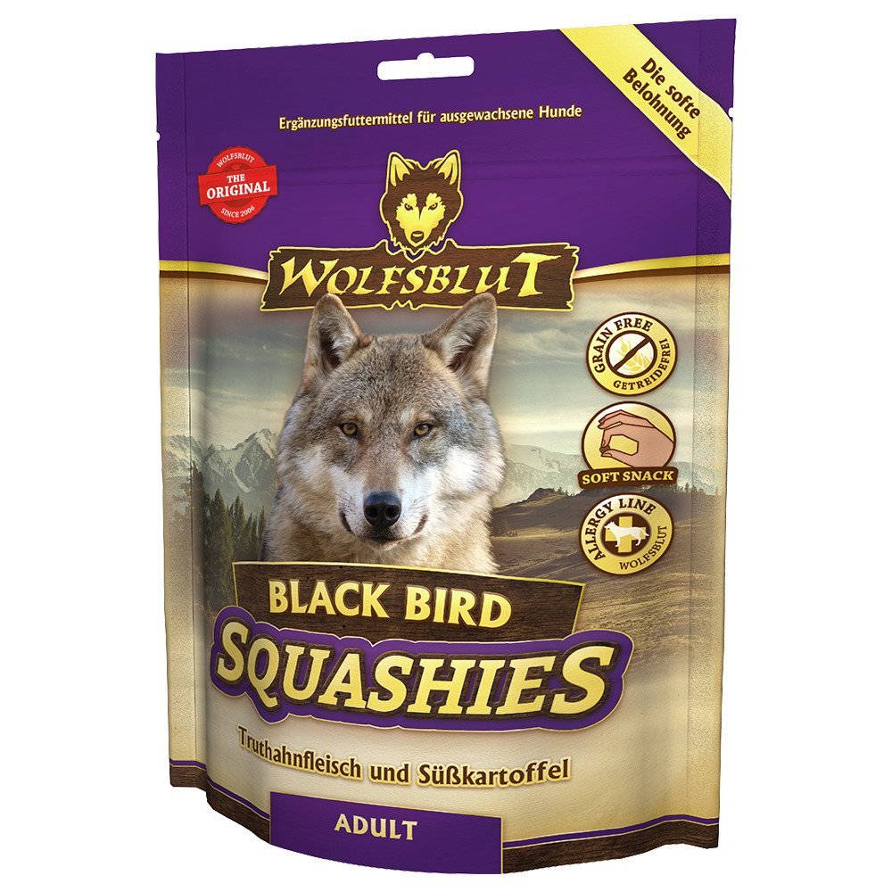 Wolfsblut Black Bird Squashies, Truthahn & Süßkartoffel, für erw. Hunde, getreidefrei, Soft Snack, Allergy Line, Menge unbekannt.