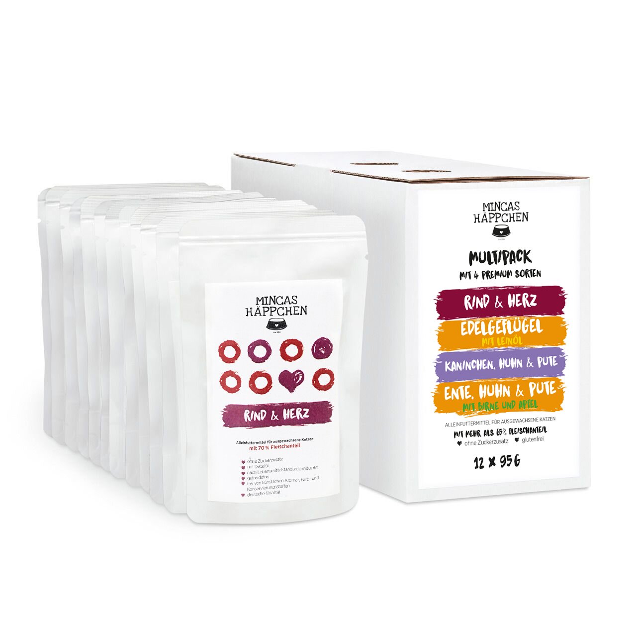 MINCAS HÄPPCHEN Multipack: Premium-Nassfutter für Katzen, 12x95g, 4 Sorten (Rind, Geflügel, Kaninchen, Ente), glutenfrei, 68% Fleisch.