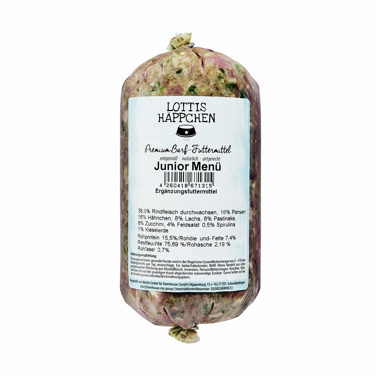 Lottis Häppchen „Junior Menü“, Barf für junge Hunde, 38,5 % Rind, 16 % Pansen, Hähnchen, Lachs, Gemüse, Spirulina, 500 g.